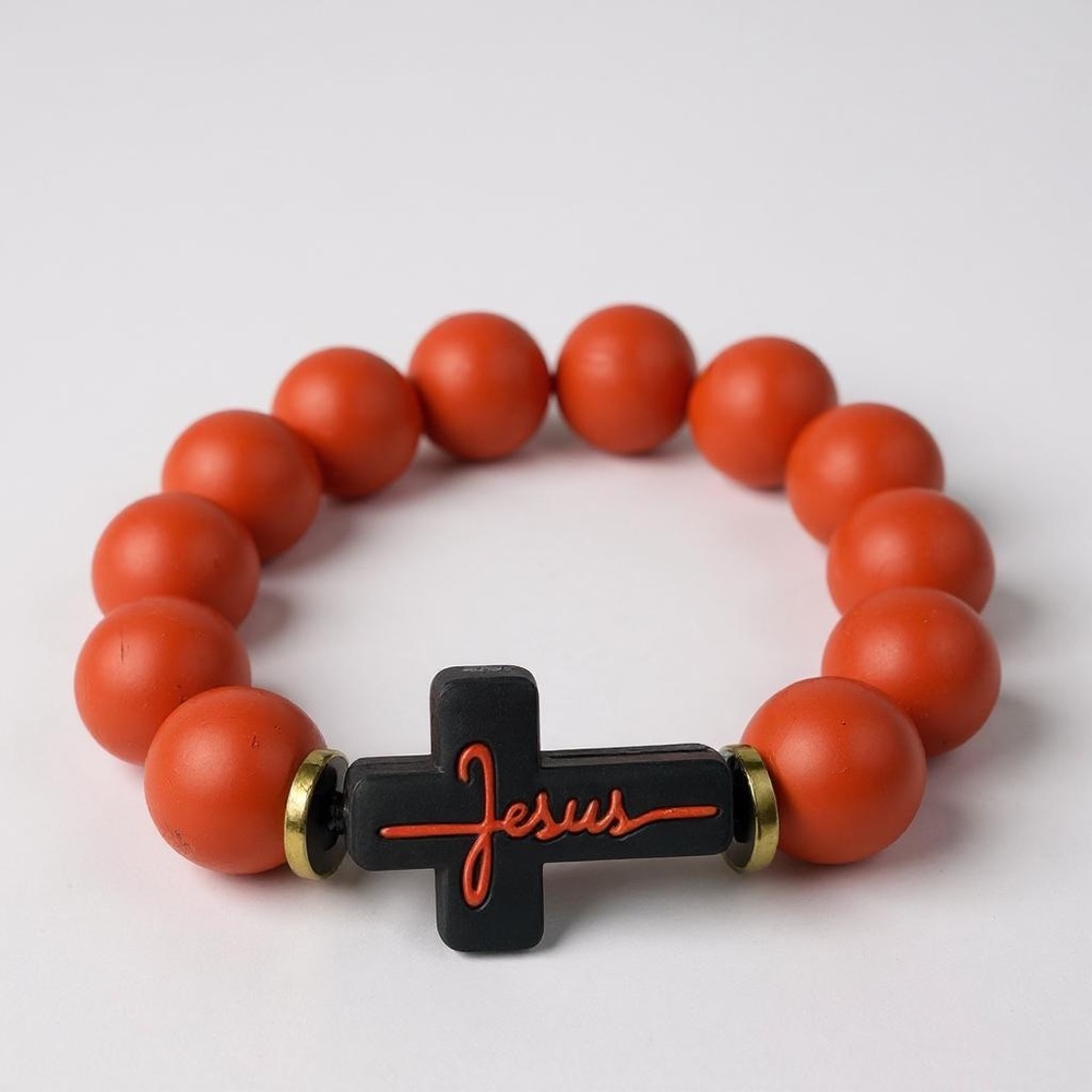 Red Beaded “Jesus” Cross Stretch Bracelet – Christian Faith Jewelry